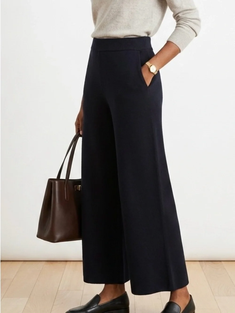 J.Crew Wide Leg Sweater Pants Black S BA401 Cropped High Rise Knit Pull On Cozy
